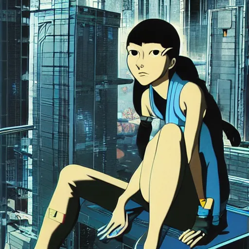 Image similar to Full body portrait of a young woman sitting on the ledge of a high rise building, cyberpunk, cel illustration, exquisitely detailed, Monkey Punch, Hayao Miyazaki, Kazuma Kaneko