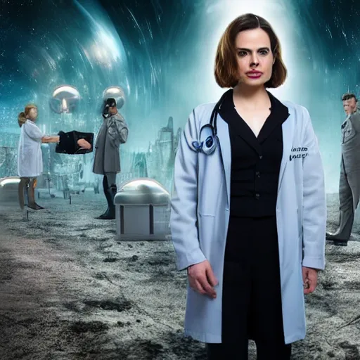 Image similar to a beautiful full body photograph of hayley atwell dressed as doctor who, time vortex in the background, detailed face, symmetrical face, extreme realism and detail, 8 k, completely framed, direct lighting, 3 5 mm photo, photorealistic, sharp focus