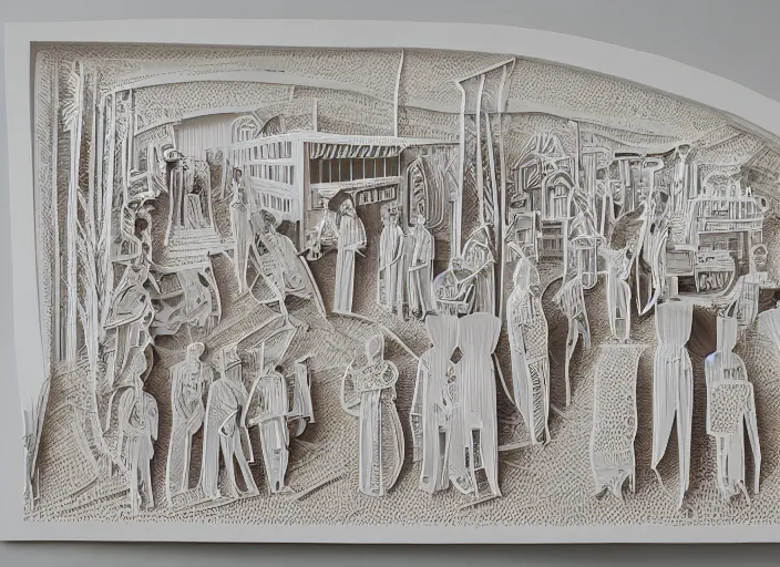 Image similar to intricate cut paper sculpture of mormon pioneers