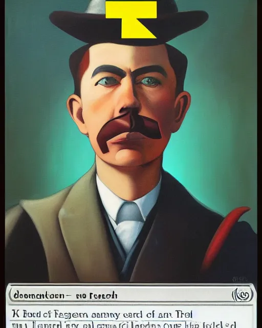 Image similar to a magic the gathering card called generate art the card art is a portrait of a machine painting itself, matte oil on canvas in the style of René Magritte, trending on artstation, extremely detailed, soft lightning, 4k, 8k, HD
