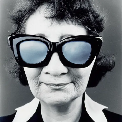 Prompt: A woman wearing sunglasses designed by Nam June Paik, portrait, by Diane Arbus