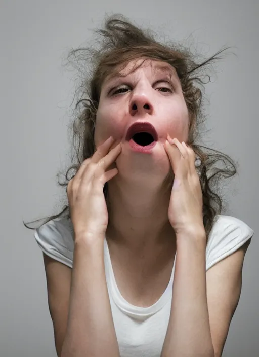 Image similar to portrait of the most bored person in the universe. extremely bored expression, studio light, hyper realistic photograph by annie lebowitz, award winning