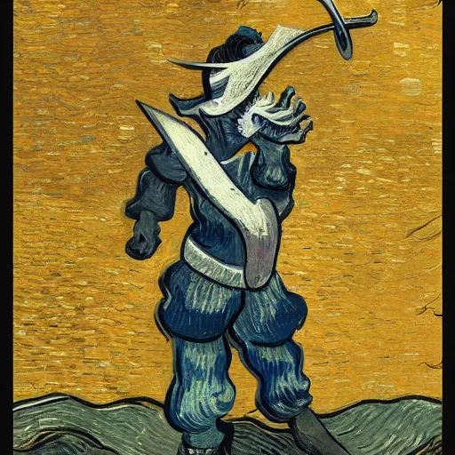Image similar to person with a sword as its mouth, 4 k, 8 k, trending on artstation, award - winning art, illustrated by vincent van gogh