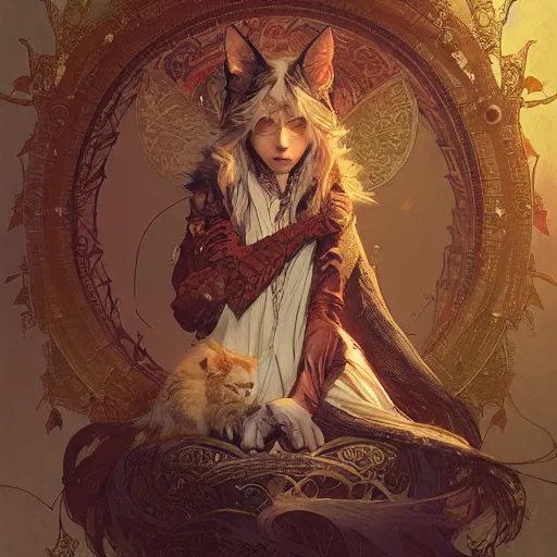 Image similar to Mythology of a holy cat, D&D, fantasy, intricate, cinematic lighting, highly detailed, digital painting, artstation, concept art, smooth, sharp focus, illustration, art by Akihiko Yoshida, Greg Rutkowski and Alphonse Mucha