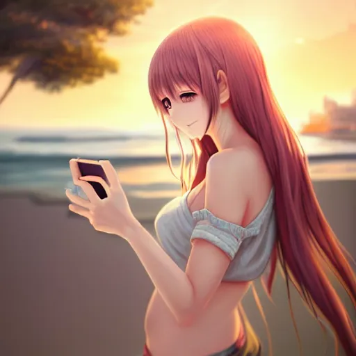 Image similar to beautiful serene intricate very detailed portrait of a realistic anime girl taking a selfie, smiling softly, wearing casual clothes, relaxing on the beach, golden hour, soft focus, 8 k, art by irakli nadar, hyperrealism, hyperdetailed, ultra realistic