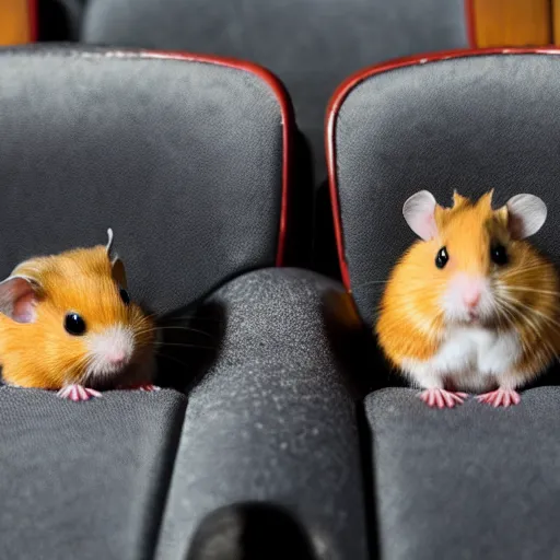 Image similar to photo of two hamsters, holding paws, on a cinema seat, various poses, unedited, dim light, sharp focus, 8 k