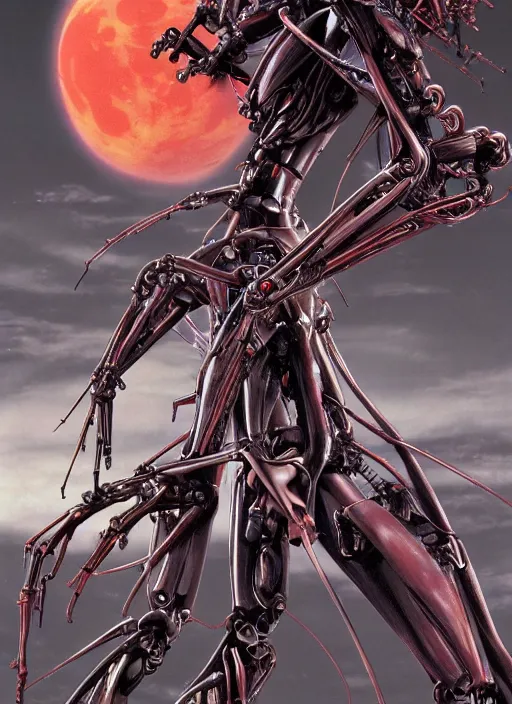 Image similar to Neon Genesis Evangelion by Yoshitaka Amano, by HR Giger, biomechanical, 4k, hyper detailed, hyperrealism, anime, a Blood Moon rising on a Broken World, deviantart, artstation