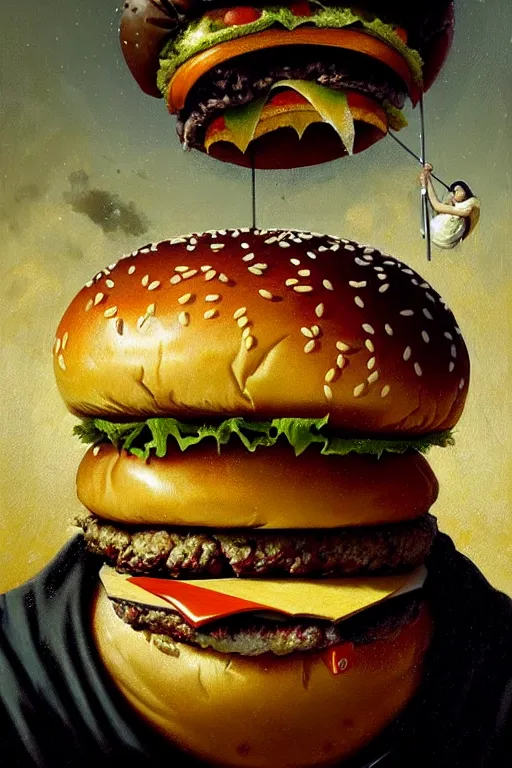 Image similar to hieronymus bosch, greg rutkowski, anna podedworna, painting of the burger king eating a whopper burger, extreme close up, insane detail