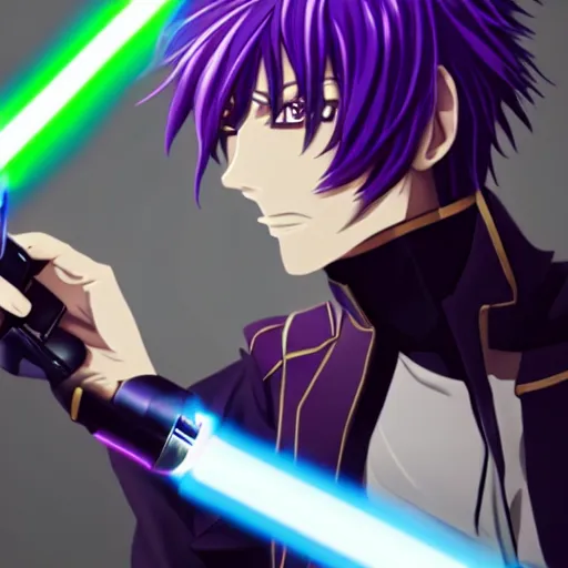 Image similar to Lelouch Lamperouge holding a lightsaber, mysterious man, octane 8k, aesthetic cyberpunk, lightsaber duel, veautiful reflections, octane render, purple lightsaber, fighting stance, beautiful man face