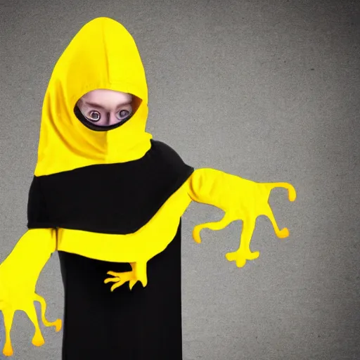 Prompt: yellow humanoid gecko wearing a black cloak ; hood pulled over head