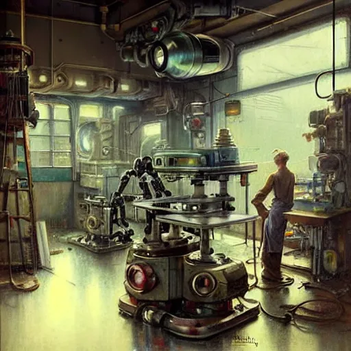 Image similar to ( ( ( ( ( 1 9 5 0 s retro science fiction cluttered robot mechanics shop interior scene. muted colors. ) ) ) ) ) by jean - baptiste monge!!!!!!!!!!!!!!!!!!!!!!!!!!!!!!