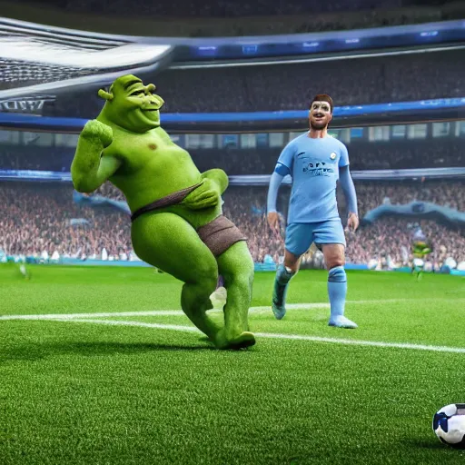 Image similar to shrek!! scoring a goal for manchester city, hd render,