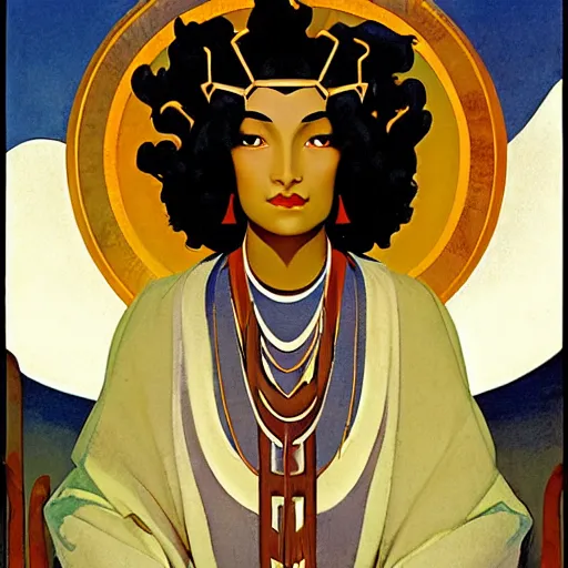 Image similar to an illustration of an ivory skin with dark curly hair queen on a throne, by nicholas roerich, by frank frazetta by georgia o keeffe by frederick william elwell, by hans emmenegger, by eyvind earle highly detailed, realistic, outline, line work, fantasy, oriental, stylised flat colors, animation