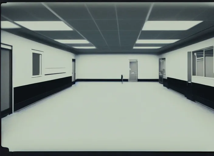 Image similar to polaroid photograph of a large white empty breakroom, retrofuturist liminal space, familiar place, clean, black mold, amateur, unreal engine, photorealistic, trending on artstation