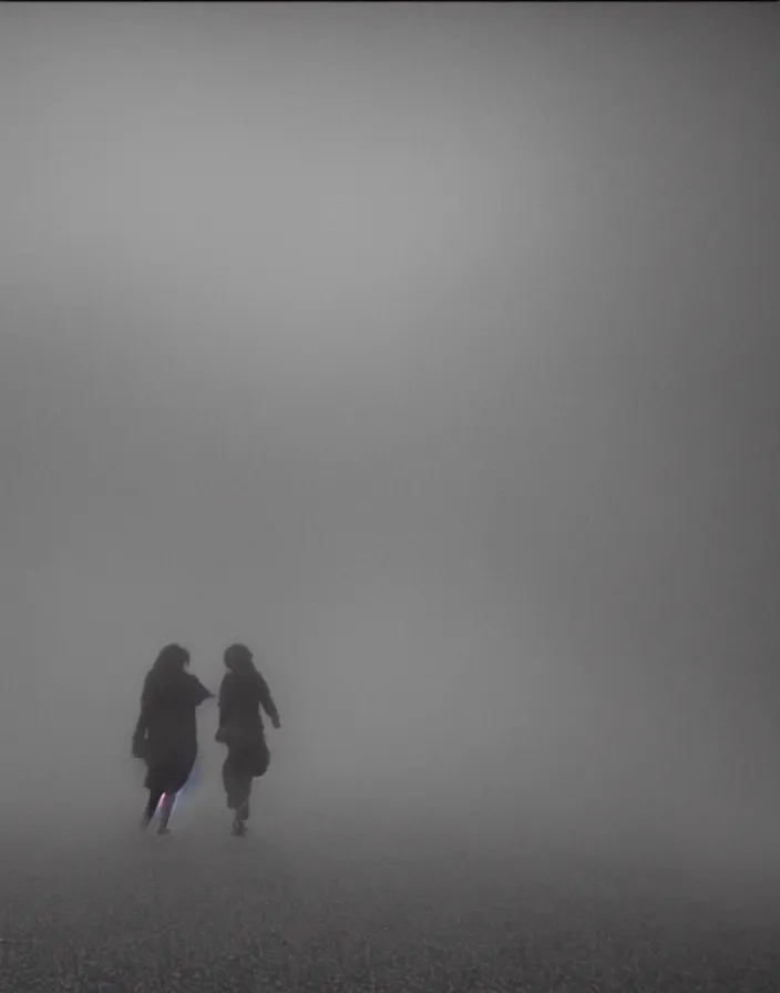 Image similar to very low - resolution found footage of a couple escaping in the city from a starfish kaiju monster, fog, foggy, korean film noir, monochrome, red hue, thriller, underdeveloped, epic, dramatic