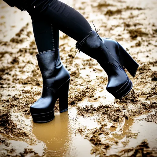 Image similar to a photo of a woman walking trough muddy nature in her shiny black platform boots, wedge heel, very chunky goth style, really muddy, close up of her feet and calves, 8k