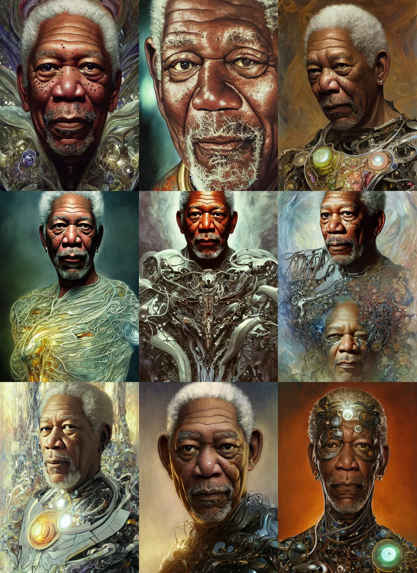 Prompt: morgan freeman as a organic cyborg, diffuse lighting, fantasy, intricate, elegant, highly detailed, lifelike, photorealistic, digital painting, artstation, illustration, concept art, smooth, sharp focus, art by john collier and albert aublet and krenz cushart and artem demura and alphonse mucha