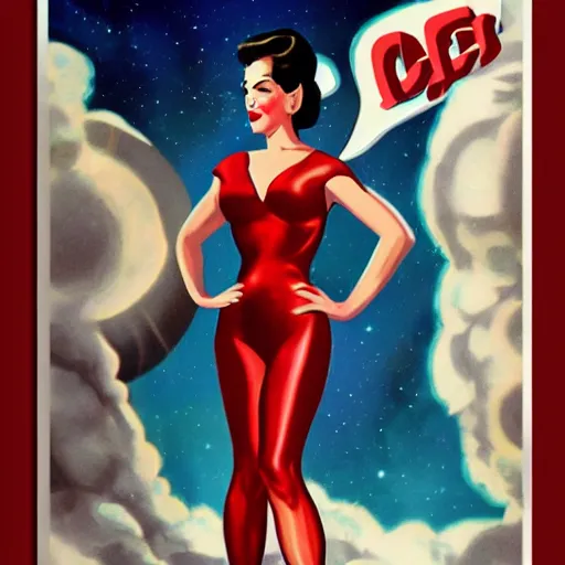 Image similar to a retro sci - fi pinup illustration of dita von teese in the style of alberto vargas and in the style of gil elvgren.