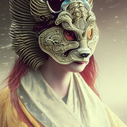 Image similar to a photorealistic dramatic fantasy render of a beautiful woman wearing a beautiful intricately detailed japanese komainu kitsune mask and clasical japanese kimono by wlop, artgerm, greg rutkowski, alphonse mucha, beautiful dynamic dramatic dark moody lighting, shadows, cinematic atmosphere, artstation, concept design art, octane render, 8 k