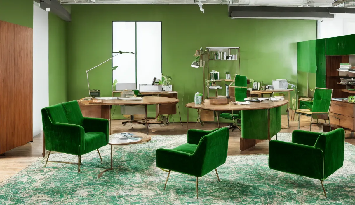 Image similar to a still of severance series indoor 7 0 s green velvet and wood with metal furniture office scenario appearing as a 7 0 s prisunic catalog, in color