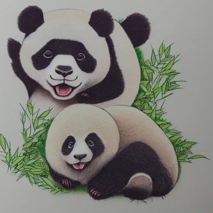 Image similar to isometric color pencil of a panda, i'm the style of spirited away