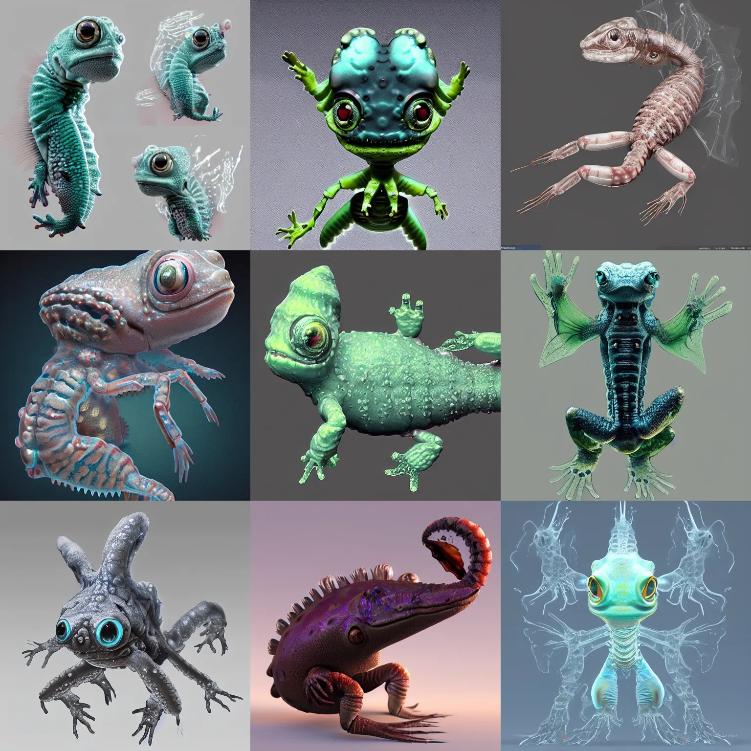 Prompt: cute! biomechanical baby gecko, ghost shrimp, deepsea, wrinkled, by Wayne Barlowe, ghost shrimp, Barreleye fish, translucent SSS xray, Barreleye, rimlight, jelly fish dancing, fighting, bioluminescent screaming pictoplasma characterdesign toydesign toy monster creature, zbrush, octane, hardsurface modelling, artstation, cg society, by greg rutkowksi, by Eddie Mendoza, by Peter mohrbacher, by tooth wu, cyberpunk