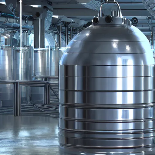 Image similar to big metallic capsule connected to pipelines, purpose is pump, standing in large industrial hall, designed by best engineers, raytracing, reflections