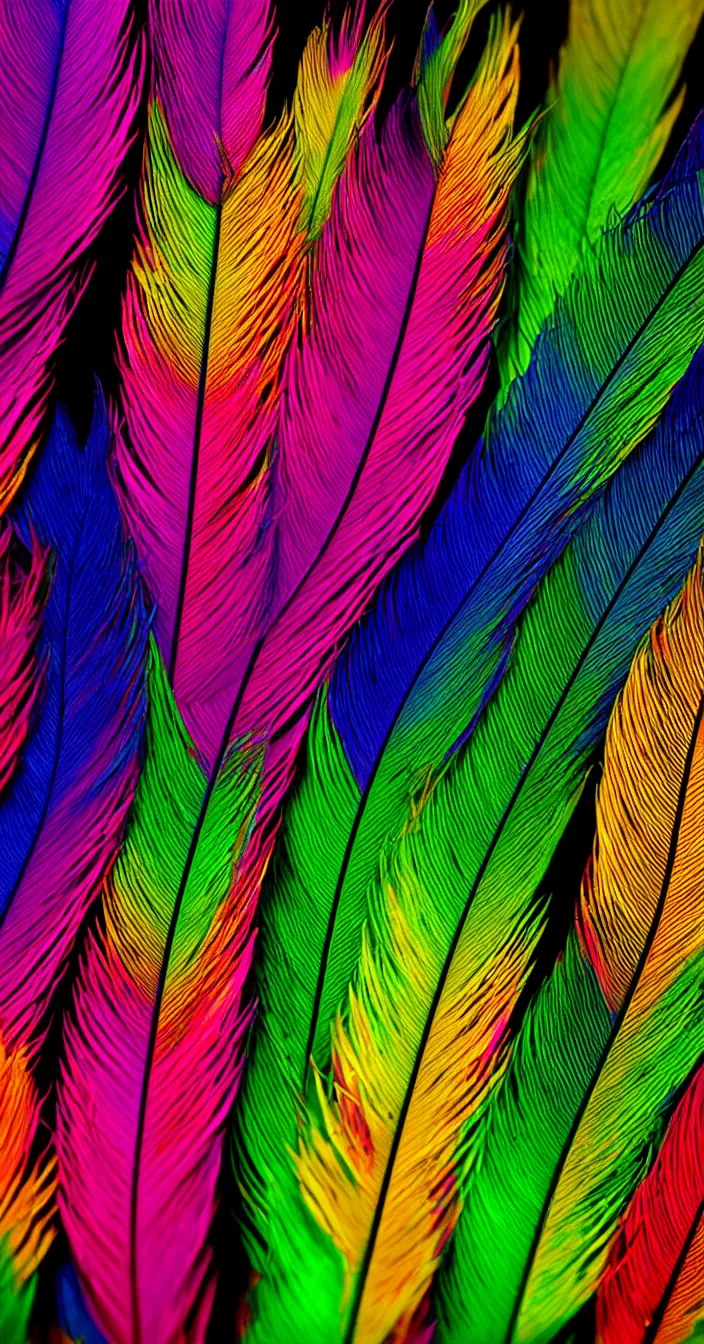 Prompt: highly detailed realistic photo of colorful feathers on dark background, very sharp focus, dark background, award winning masterpiece photography, hyper realistic, concept art, 8 k detail post - processing