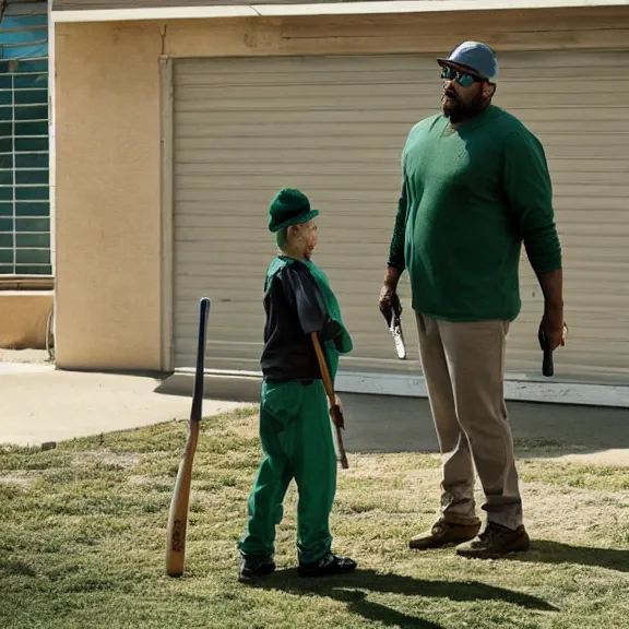 Image similar to Still of Big Smoke with green clothing with a baseball bat in Better Call Saul