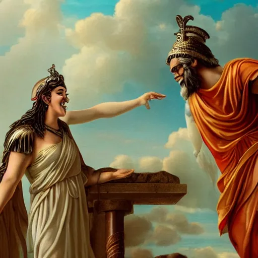 Prompt: photo of the goddess athena talking with odysseus, laughing and nodding, photorealistic, prizewinning photo, ultradetailed, cloudy day lighting