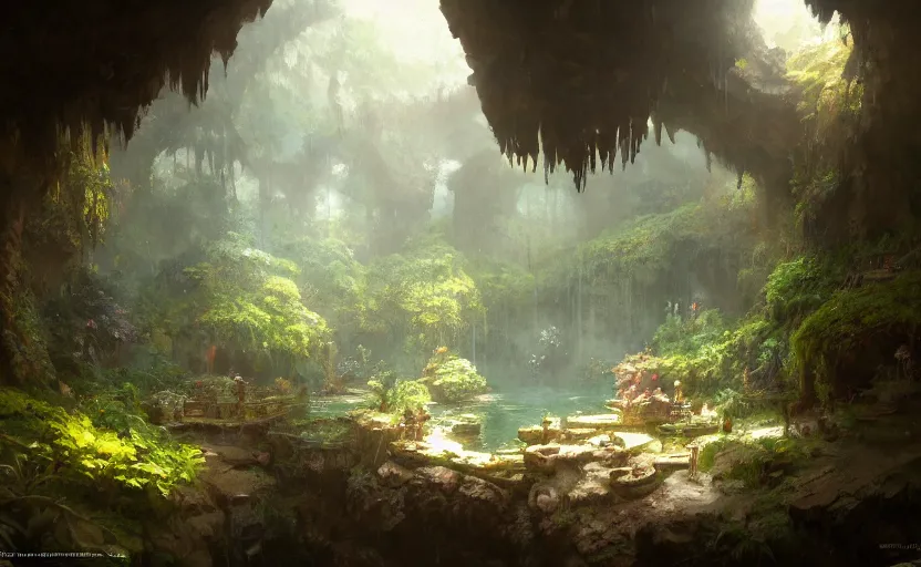 Image similar to painting of an interior of a hidden hotspring in a small cave, fantasy, lush plants and flowers, natural light, concept art, by greg rutkowski and craig mullins, cozy atmospheric and cinematic lighting, trending on artstation