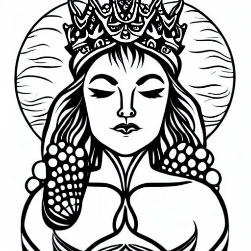 Prompt: a peaceful meditative mermaid wearing a crown, banner across chest, full body, symmetrical, highly detailed black and white new school pinup tattoo design