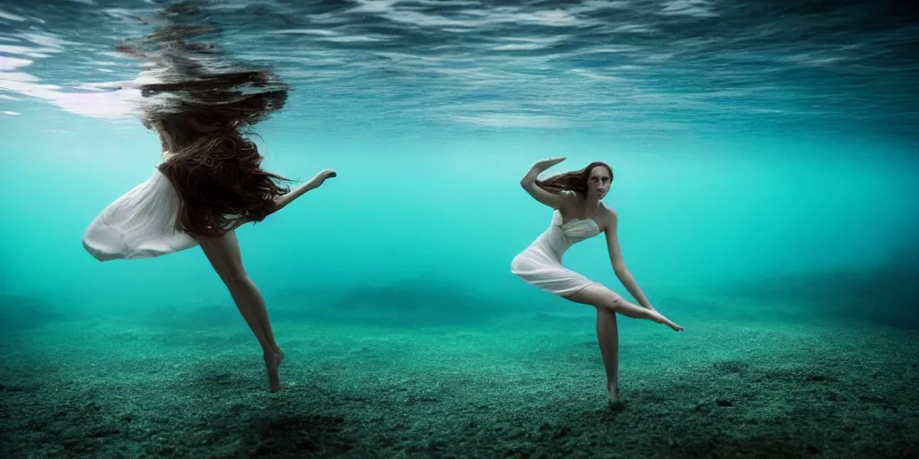 Prompt: underwater photography of beautiful model in flat dress by emmanuel lubezki