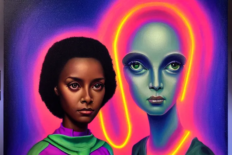 Image similar to patron saint of 🛸🌈👩🏾, futuristic clothing, neon god of city character portrait, in the style of margaret keane, moebius, tom bagshaw, and waterhouse, cinematic lighting, beautiful, elegant, oil painting,