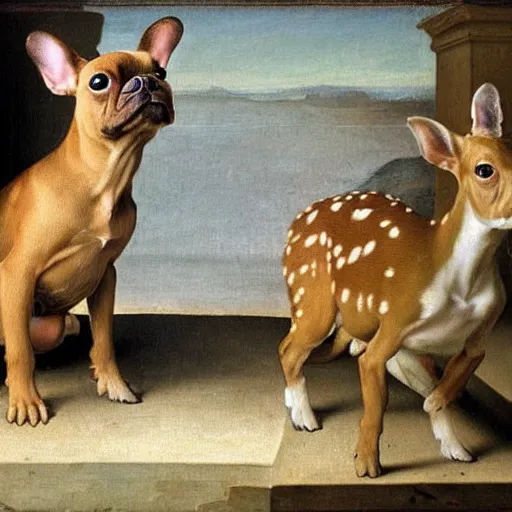 Image similar to renaissance painting of a fawn french bulldog