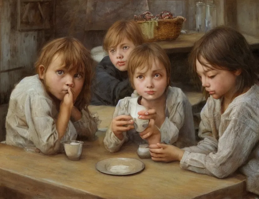 Image similar to portrait of peasant kids drinking milk, cottage core, cinematic focus, polaroid photo bleached vintage pastel colors high - key lighting, soft lights, foggy, by steve hanks, by lisa yuskavage, by serov valentin, by tarkovsky, 8 k render, detailed, oil on canvas