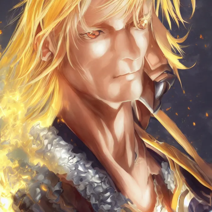 Image similar to portrait of the blond knight of flames, anime fantasy illustration by tomoyuki yamasaki, kyoto studio, madhouse, ufotable, trending on artstation