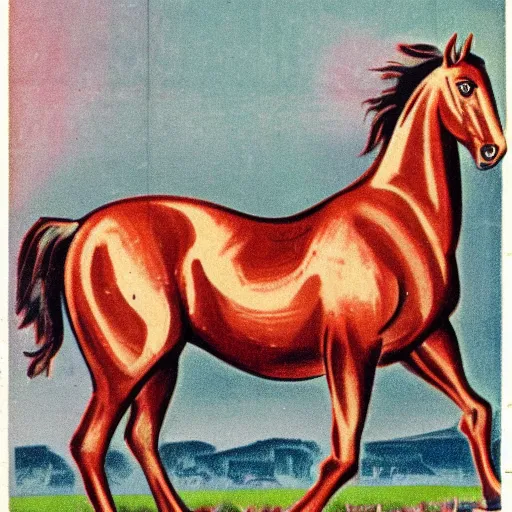 Prompt: vintage 1 9 5 0 s illustration of a horse sitting in baked beans