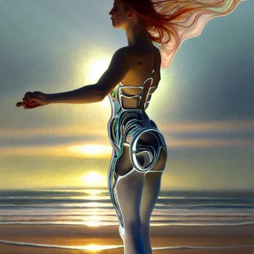 Image similar to organic cyborg dancer, white holographic plastic, shoreline, beach, sunset, fantasy, intricate, elegant, highly detailed, lifelike, photorealistic, digital painting, artstation, illustration, smooth, sharp focus, art by john collier and albert aublet and krenz cushart and artem demura and alphonse mucha