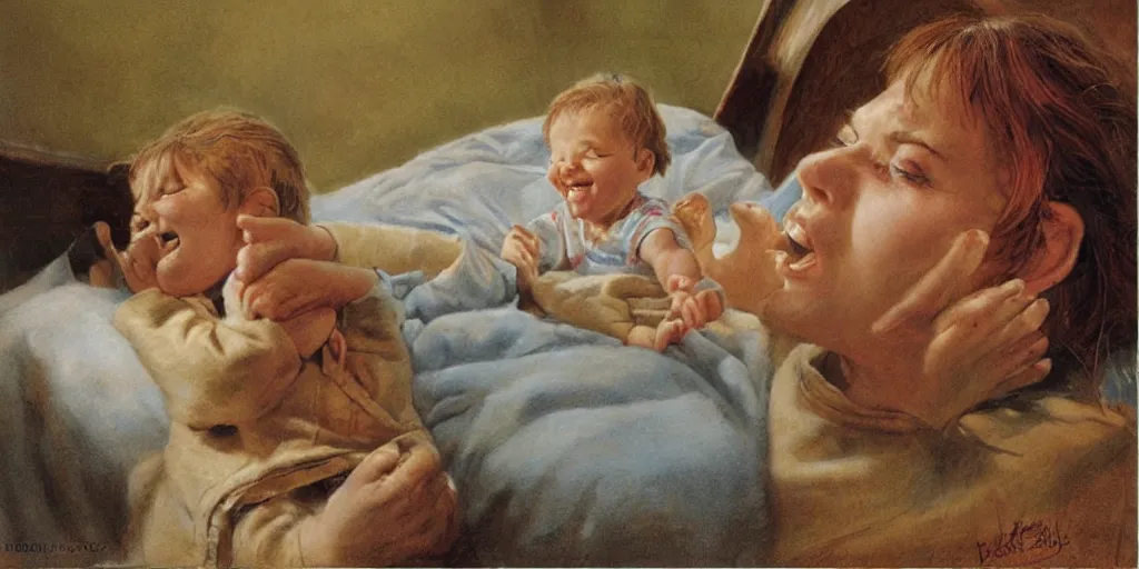 Image similar to a mother sings lullabies to her little cute boy, by Bob Byerley