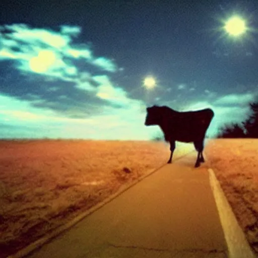 Prompt: a cow flying at night, car point of view, creepy, paranormal, vhs tape