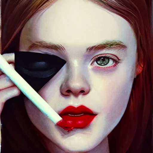 Prompt: Elle Fanning wearing an eyepatch lighting a cigarette picture by Sachin Teng, asymmetrical, dark vibes, Realistic Painting , Organic painting, Matte Painting, geometric shapes, hard edges, graffiti, street art:2 by Sachin Teng:4