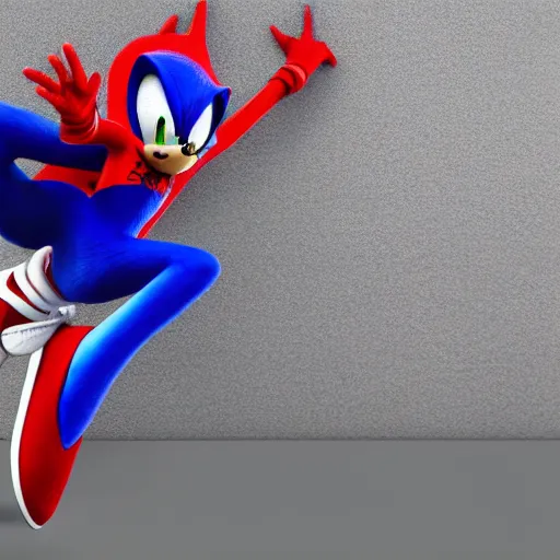 Image similar to A photo realistic image of sonic the hedgehog in a Spiderman costume, HQ, 4k