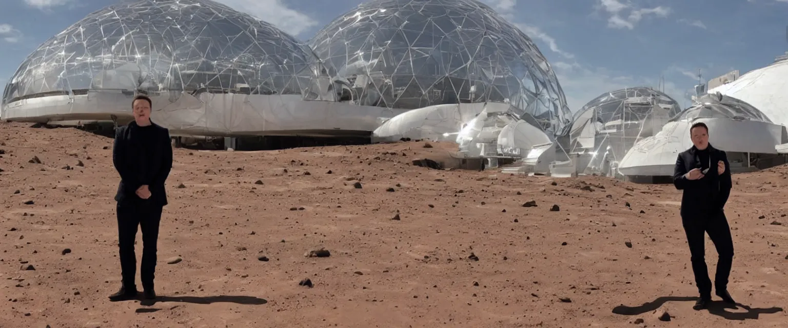 Prompt: elon musk standing on mars in a bio dome with a stainless steal star ship behind him