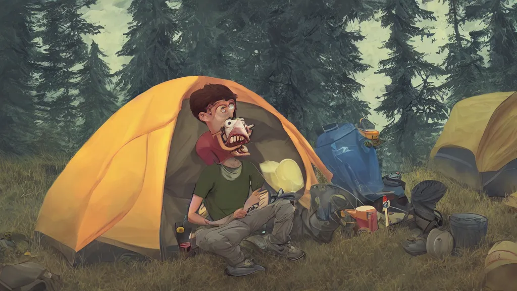 Image similar to an illustration of a drunk teenage kid on a camping, vomiting out his tent, parents standing outside angry, fisheye lens, high contrast, highly detailed, sharp focus, digital painting, 3 d art, illustration, trending on artstation,