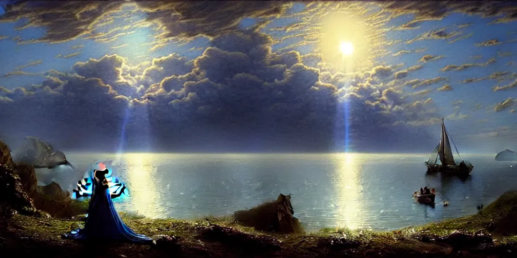 Prompt: an elegant fairy queen in a blue lace dress dancing looking out at a lord of the rings scenery landscape, staring across the sea at a white timber sail boat, evening, god's rays highly detailed, vivid colour, soft clouds, full moon, cinematic lighting, perfect composition, gustave dore, derek zabrocki, greg rutkowski, belsinski