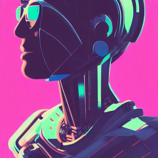 Image similar to a graph - style gouache impasto huge robot head in front of her, cyberpunk art by by james gilleard, cgsociety, retrofuturism, synthwave, retrowave, outrun