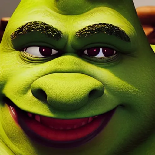 Prompt: a close up portrait from an awkward fisheye angle of shrek with large bloodshot eyes bulging out of their sockets as shrek's mouth is agape from coughing profusely