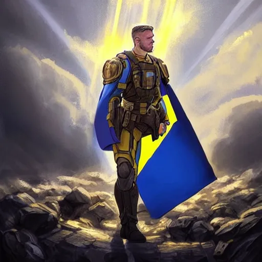 Image similar to a full body shot from distance of a super soldier with a Ukrainian yellow and blue flag standing in the beam of light from the clouds in a triumph after battle, western, masculine figure, D&D, fantasy, intricate, elegant, highly detailed, digital painting, artstation, concept art, matte, sharp focus, symmetrical, illustration, art by Artgerm and Greg Rutkowski and Alphonse Mucha