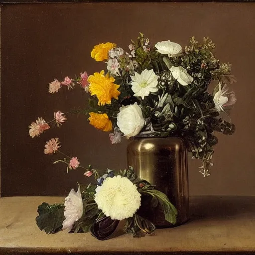 Image similar to A still life of Iron Man's helmet and a vase full of flowers, by Sientje Mesdag Van Houten